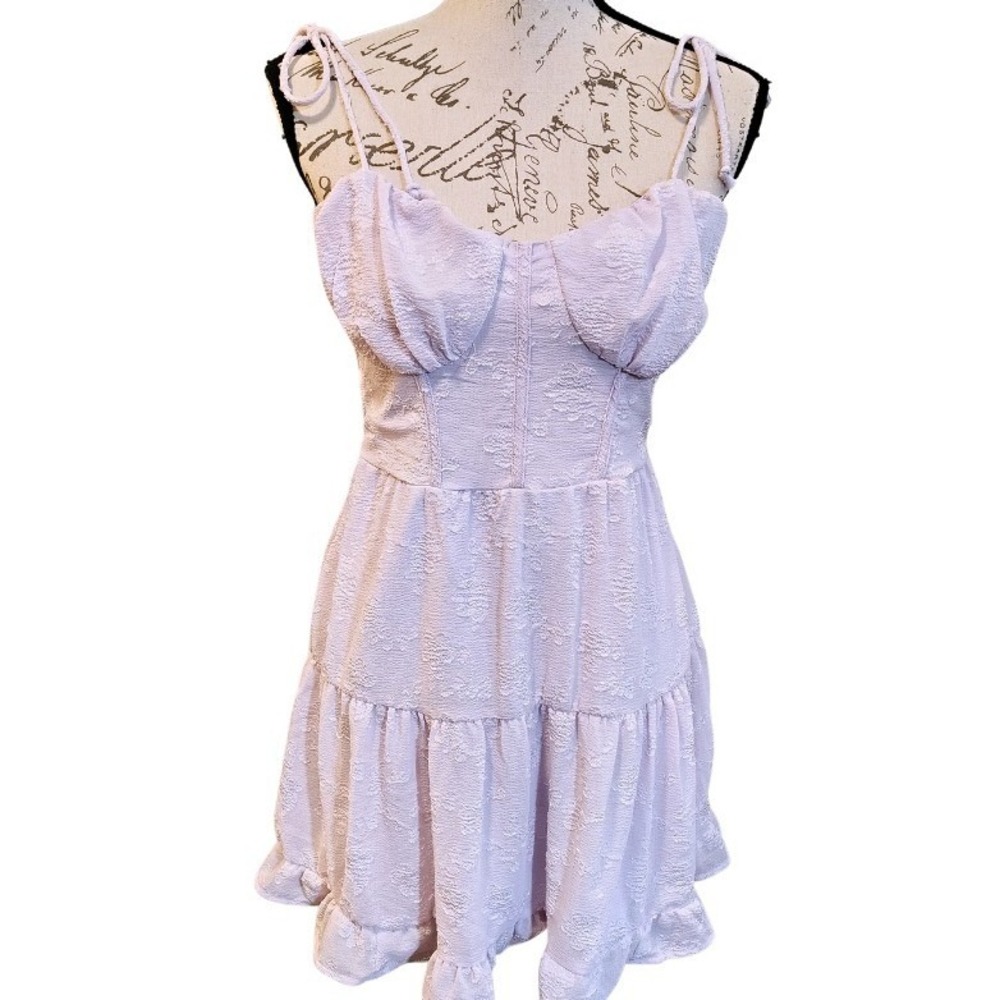 New Coquette Lavender Floral Peasant Tiered‎ Ruffle Mini Dress Small Smocked Bow